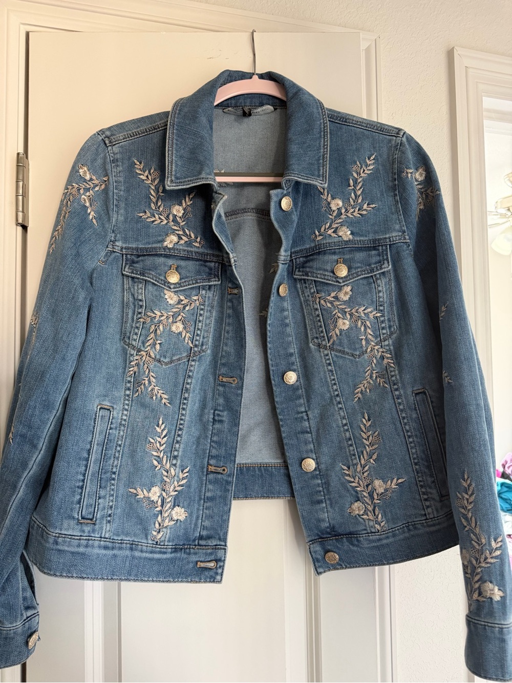 White House Black Market Light Blue Embroidered Denim Jacket